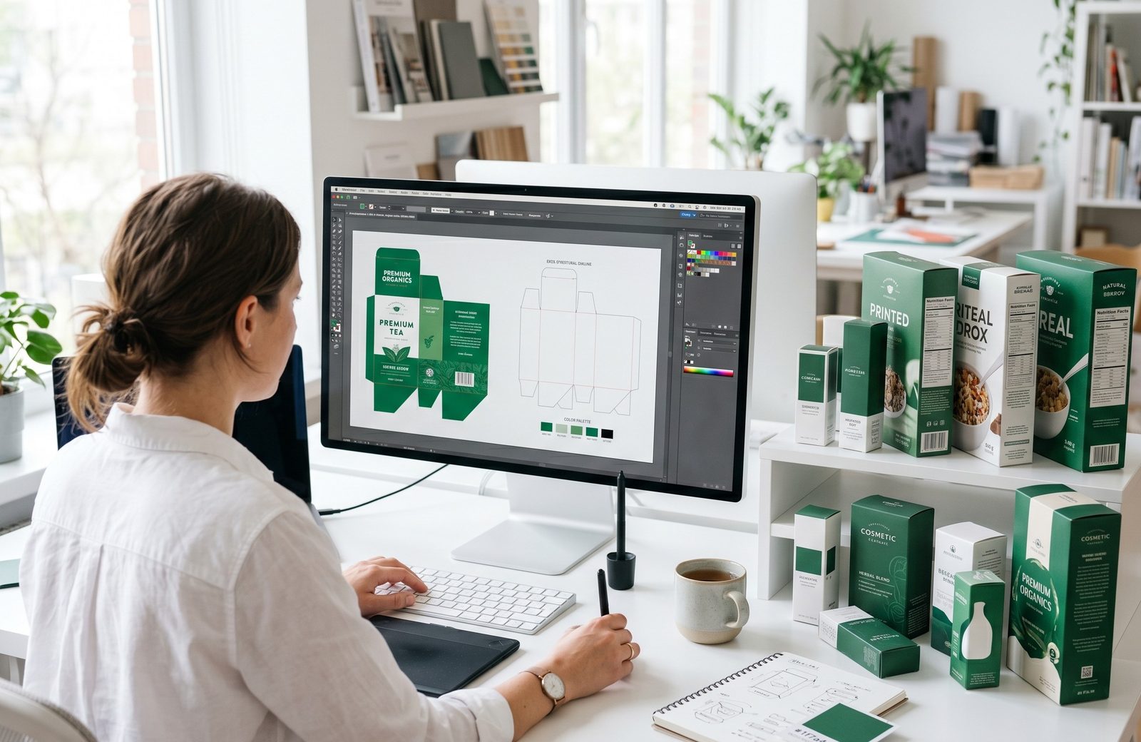 EasyPak packaging designer working on box artwork and a dieline template beside printed sample cartons